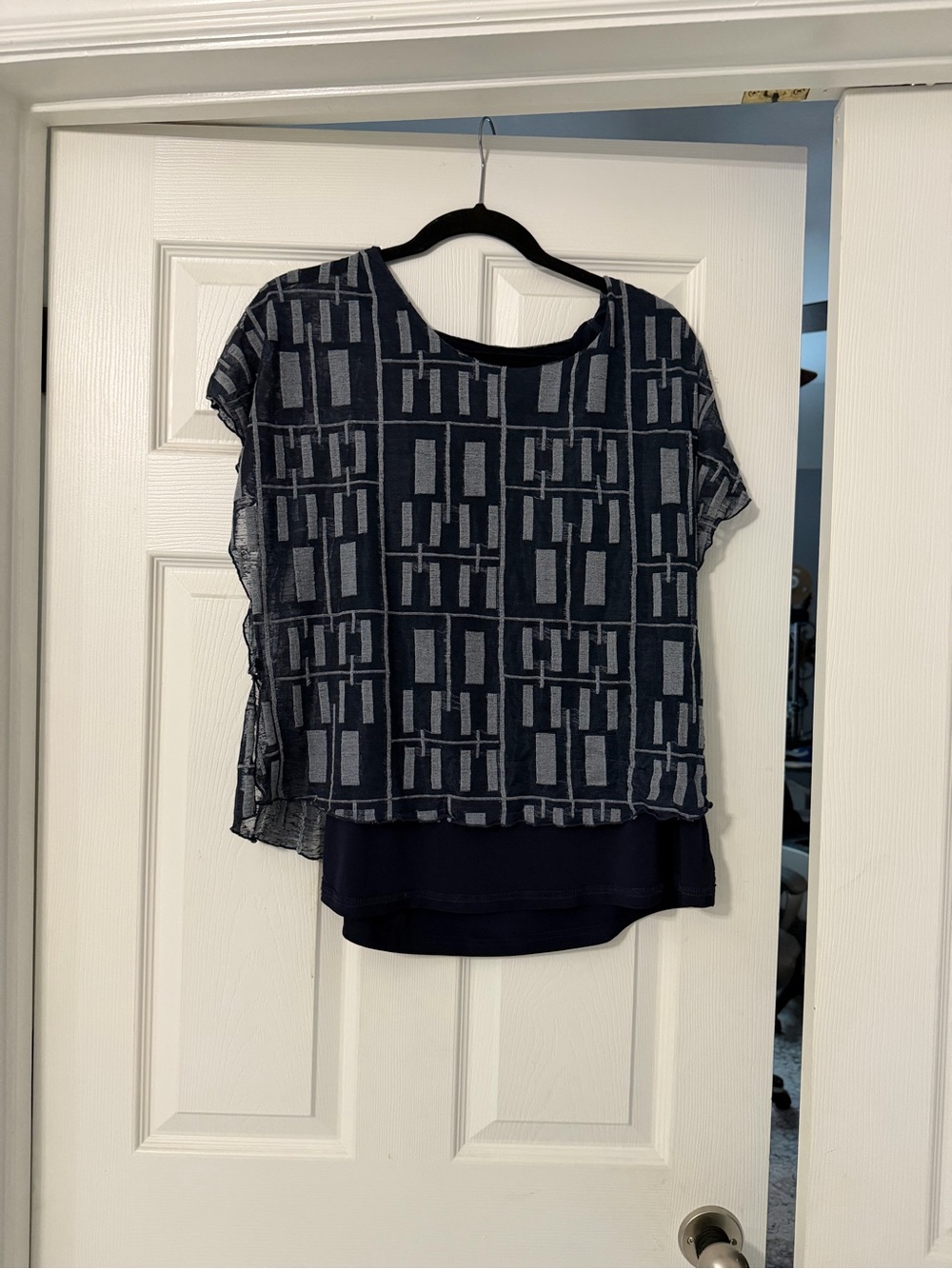 Joseph Ribkoff Navy and Light Gray Geometric Layered Short Sleeve Top